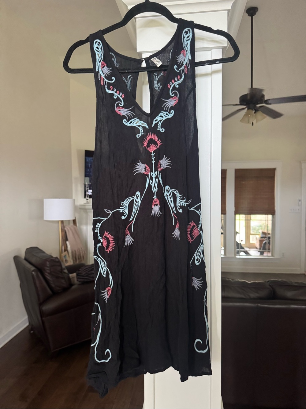 Free People Black Sleeveless Embroidered Dress with Pink & Light Blue Accents
